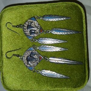 Buffalo Shield Feather Turquoise Coral Chip Dangle Earrings 1991 3"